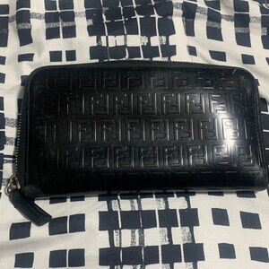 Fendi Black Embossed Zipper Wallet